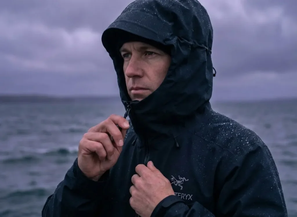 Angler in a beaded Arc'teryx rain jacket bracing against a cold front, symbolizing the physiological stress of changing weather on fishing.