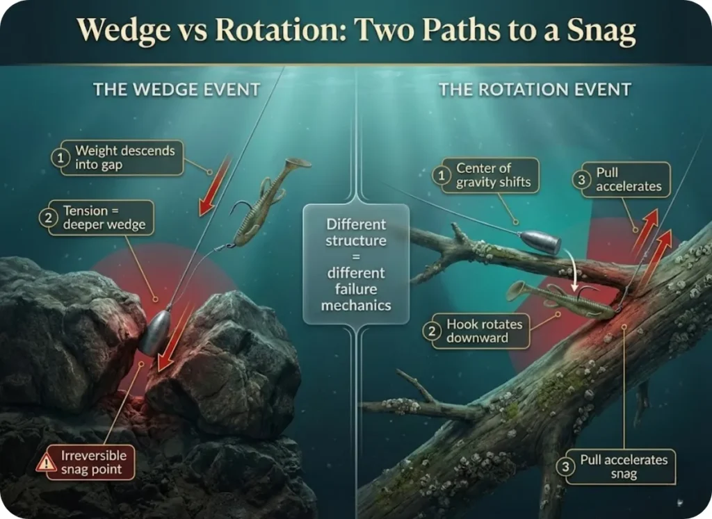 Technical infographic comparing two fishing rig snag mechanisms: the Wedge Event in rock cover and the Rotation Event in wood cover, with cross-section diagrams showing force vectors and hook behavior.