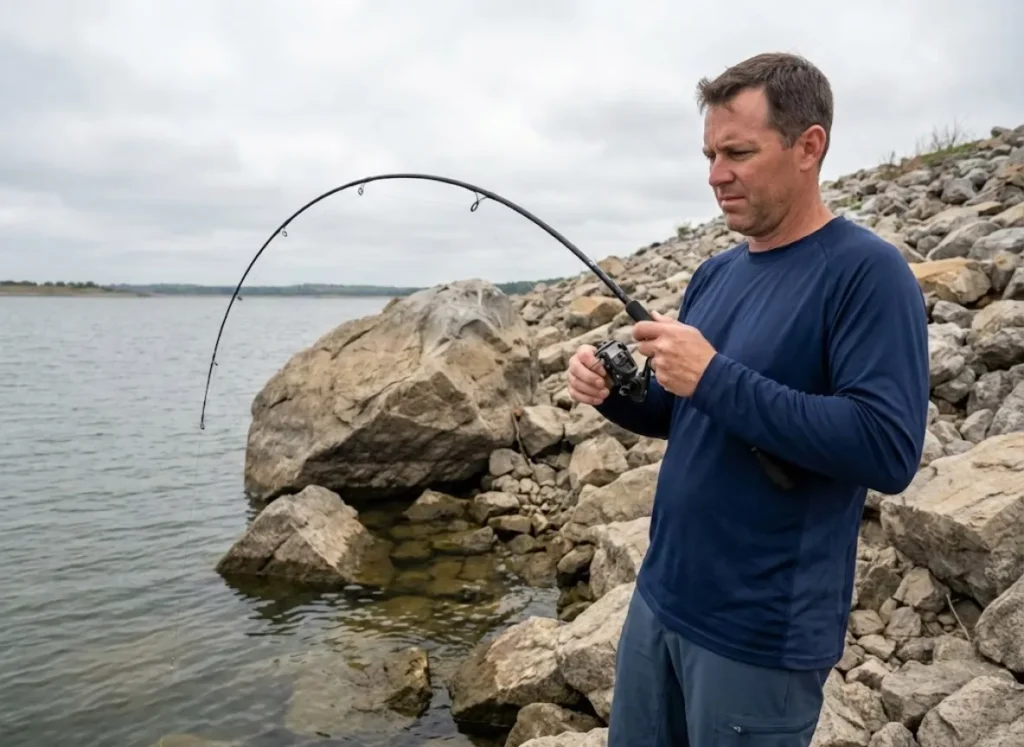 Bass angler working to free snagged weedless rig from rocky riprap structure