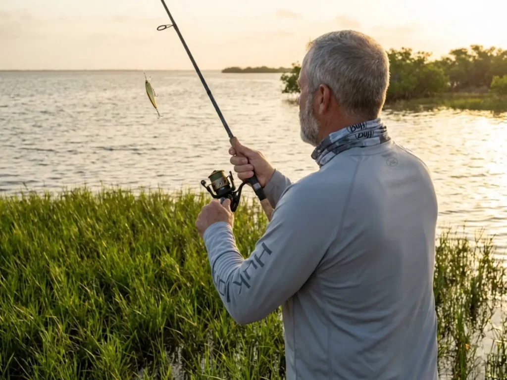 Angler casting gold weedless spoon over thick turtle grass flat in Texas