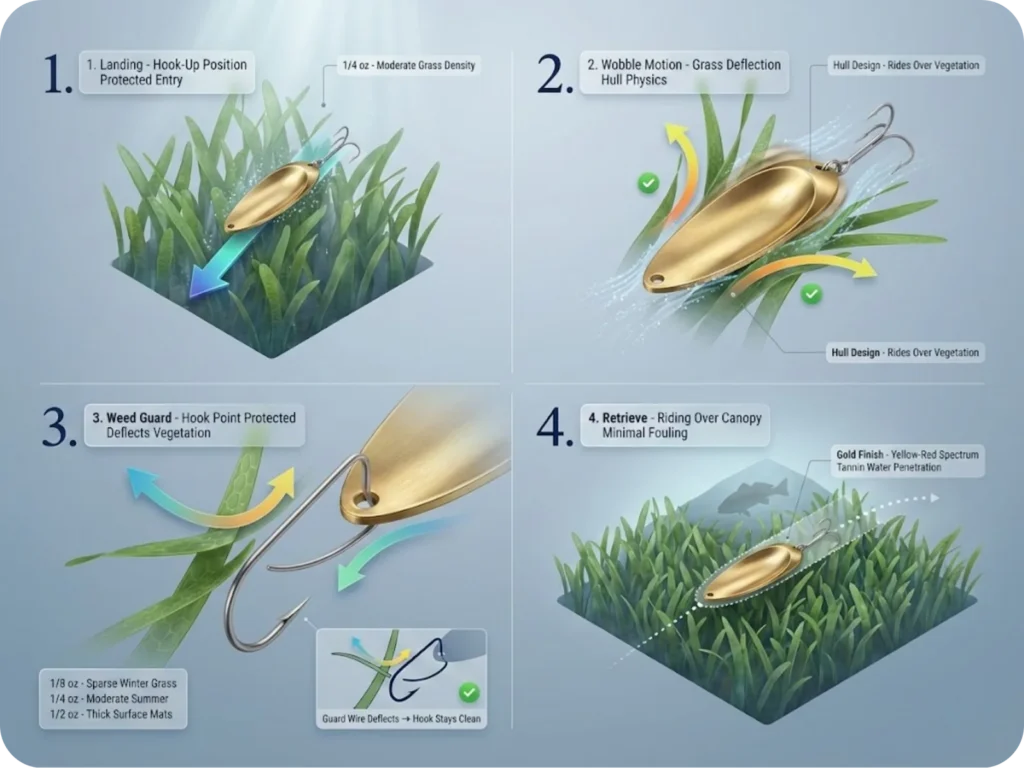 Four-step photorealistic sequence showing Johnson Silver Minnow gold spoon mechanics in turtle grass: landing hook-up, wobble motion deflecting grass, weed guard protecting hook point, and spoon riding over canopy during retrieve.