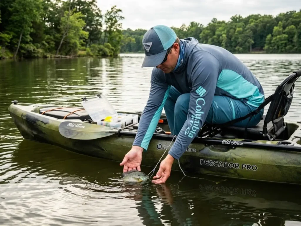 Angler wetting hands before touching fish to protect slime coat from kayak