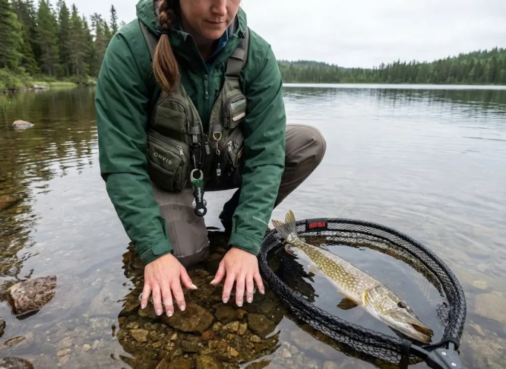 Angler wetting hands before pike handling to protect the fish's protective slime coat