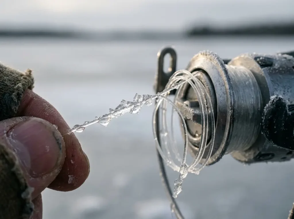 Clear monofilament crusted with ice crystals on a reel showing why cold water stiffens line