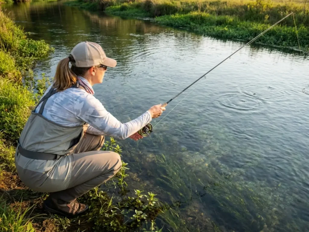 Angler using stealth approach tactics for wild rainbow trout on a technical spring creek