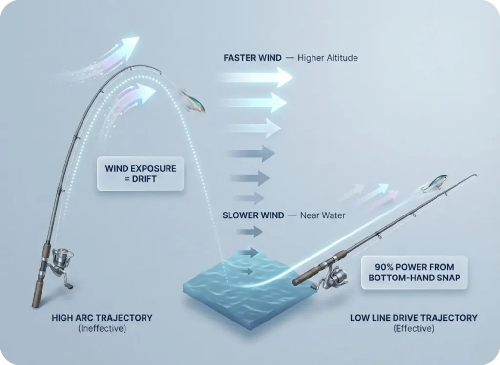 Ultra-premium infographic comparing high rainbow arc casting trajectory versus low line drive trajectory in windy conditions, with 3D isometric visualization showing wind velocity gradients at different heights above water.
