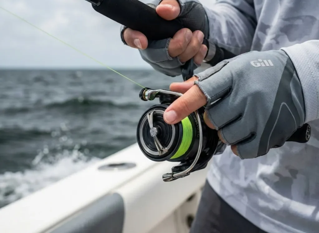 Angler finger feathering spinning reel spool to prevent wind knots in braided line