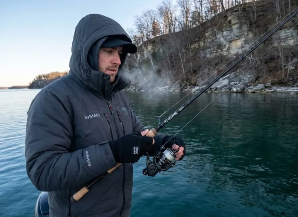 Winter bass angler vertical jigging deep channel swing wearing insulated gear on cold morning