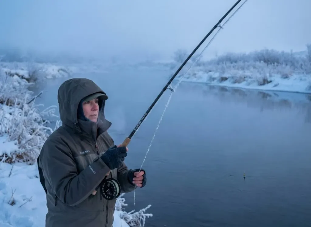 Winter steelhead angler float fishing frog water in cold conditions with ice on guides