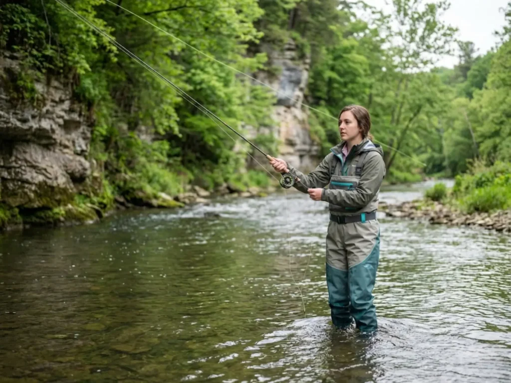 Female angler in properly fitted women's waders casting on spring creek
