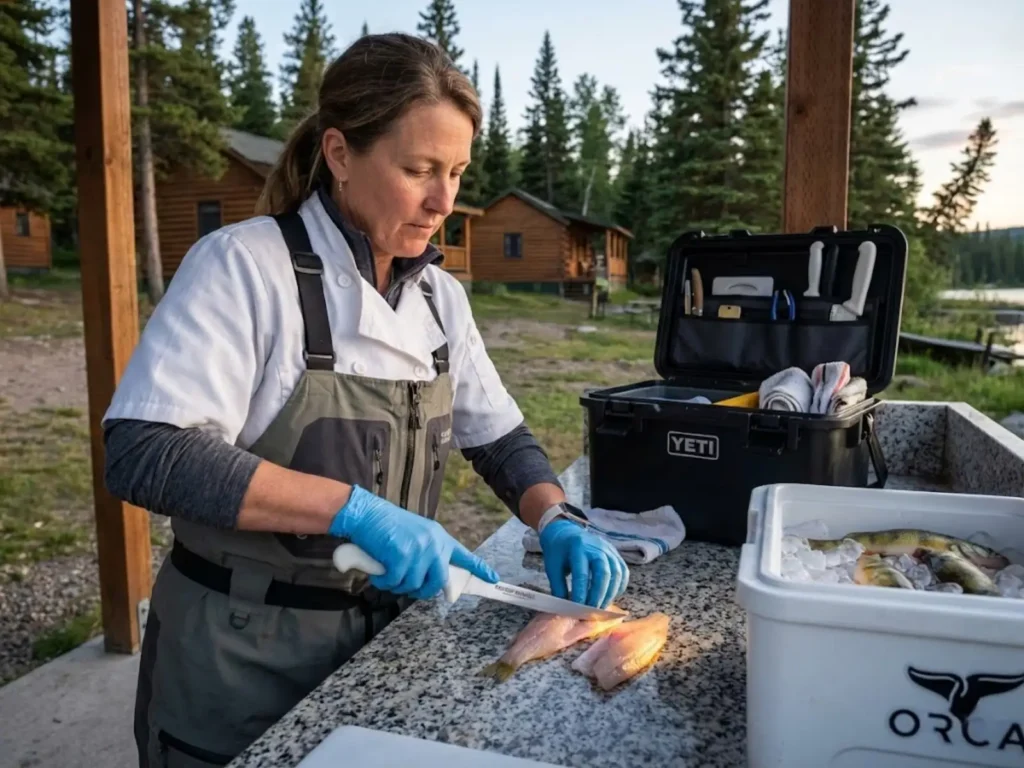 Angler filleting fresh yellow perch with professional technique at lakeside cleaning station