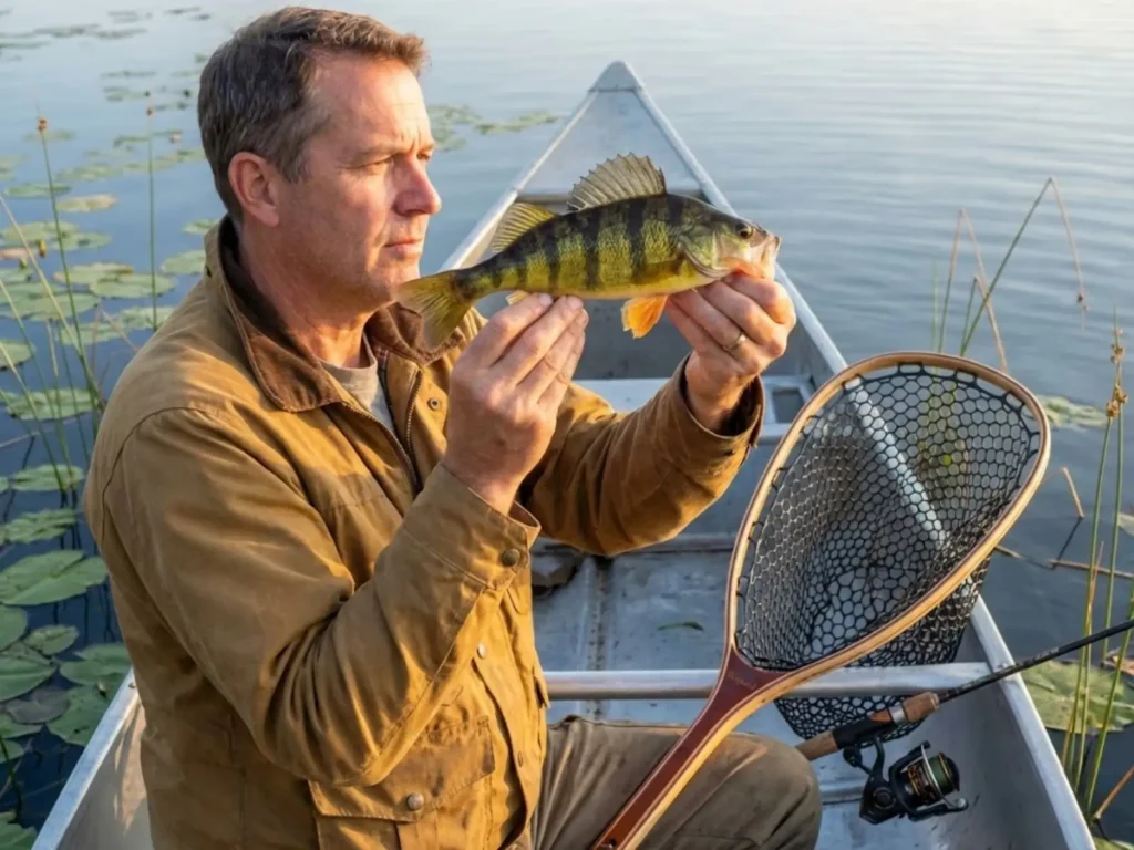Experienced angler examining yellow perch vertical bar pattern in late afternoon light