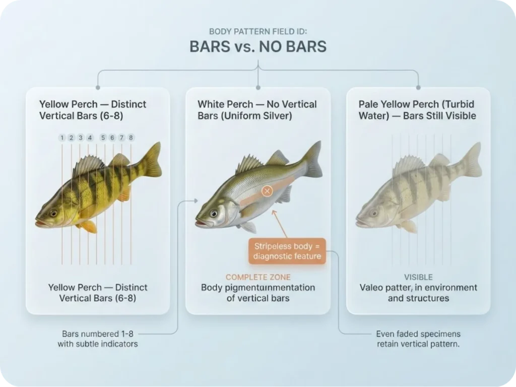 Comparative body pattern infographic showing Yellow Perch with 6-8 distinct vertical bars versus White Perch with uniform silver coloration, including edge case example of pale Yellow Perch from turbid water retaining visible bar orientation.