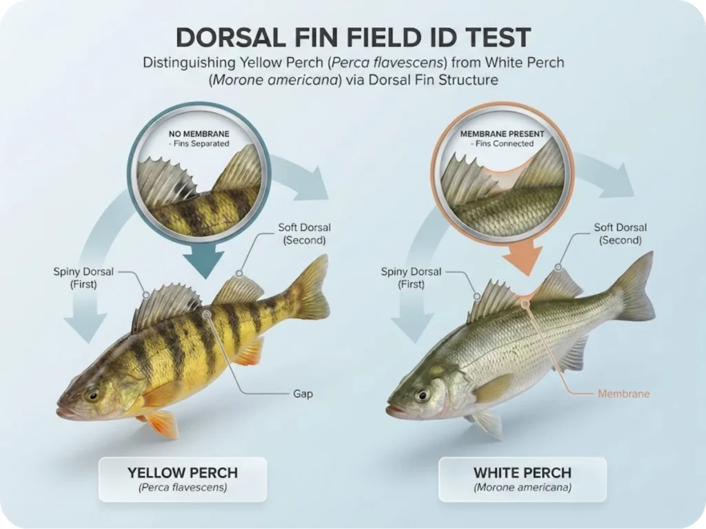 Anatomical comparison infographic showing Yellow Perch with two clearly separated dorsal fins versus White Perch with dorsal fins connected by membrane, with zoomed callouts highlighting the membrane presence and labeled fin structures.