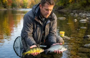 Yellow Perch vs White Perch: The 3-Step Field ID Guide Angler comparing yellow perch and white perch side by side on a Lake Erie tributary in morning light