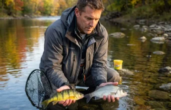 Yellow Perch vs White Perch: The 3-Step Field ID Guide Angler comparing yellow perch and white perch side by side on a Lake Erie tributary in morning light