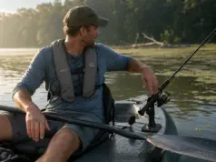 Best Kayak Rod Holders Flush Mount for Trolling 2026 Kayak angler trolling with a rod seated in a flush mount rod holder behind the cockpit