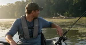 Best Kayak Rod Holders Flush Mount for Trolling 2026 Kayak angler trolling with a rod seated in a flush mount rod holder behind the cockpit