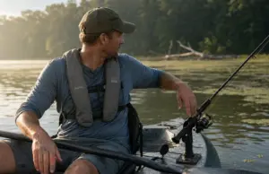 Best Kayak Rod Holders Flush Mount for Trolling 2026 Kayak angler trolling with a rod seated in a flush mount rod holder behind the cockpit