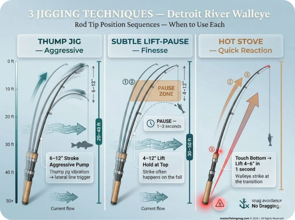 Side-by-side infographic of 3 Detroit River walleye jigging techniques: Thump, Subtle Lift-Pause, and Hot Stove touch-and-lift, with rod tip diagrams and depth markers.
