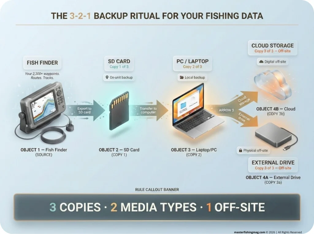 3-2-1 backup rule diagram for fishing waypoints showing fish finder to SD card, PC, and cloud or external drive with arrows and storage icons.
