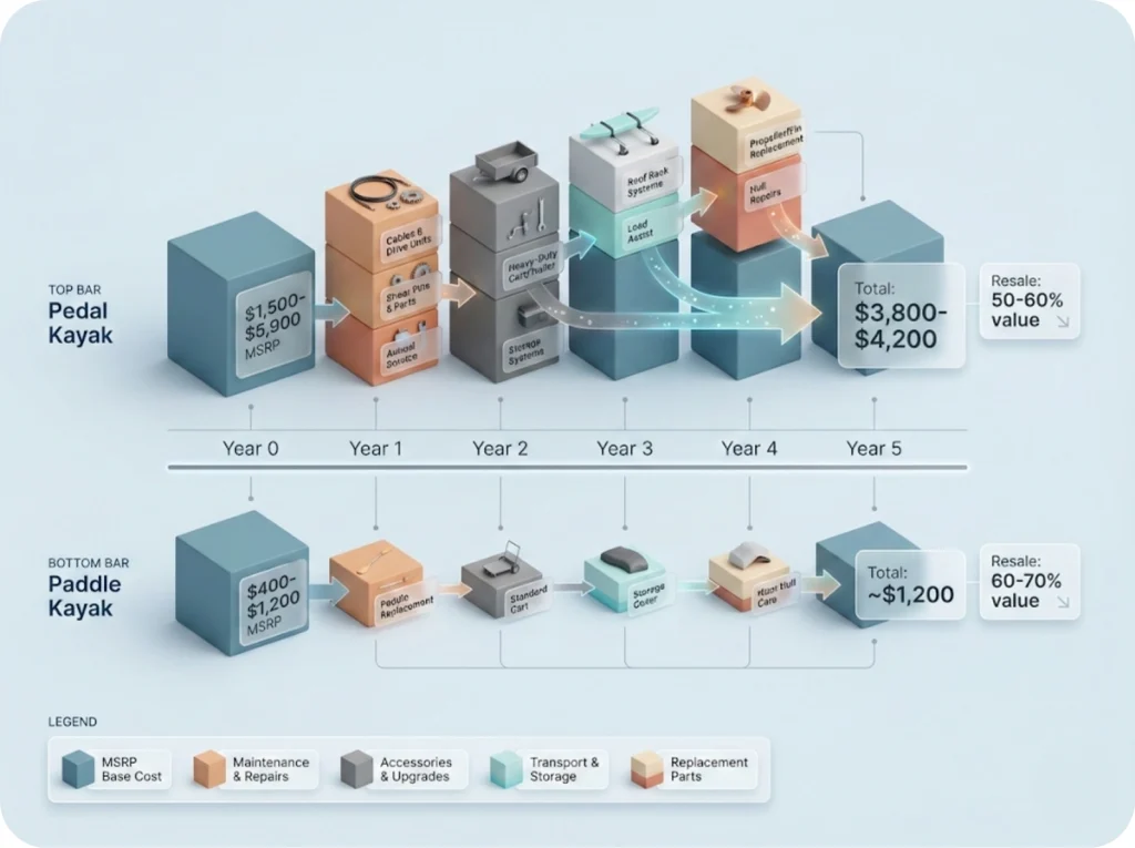 Horizontal timeline infographic comparing 5-year total cost of ownership between pedal kayaks and paddle kayaks, showing stacked cost categories and resale value depreciation.