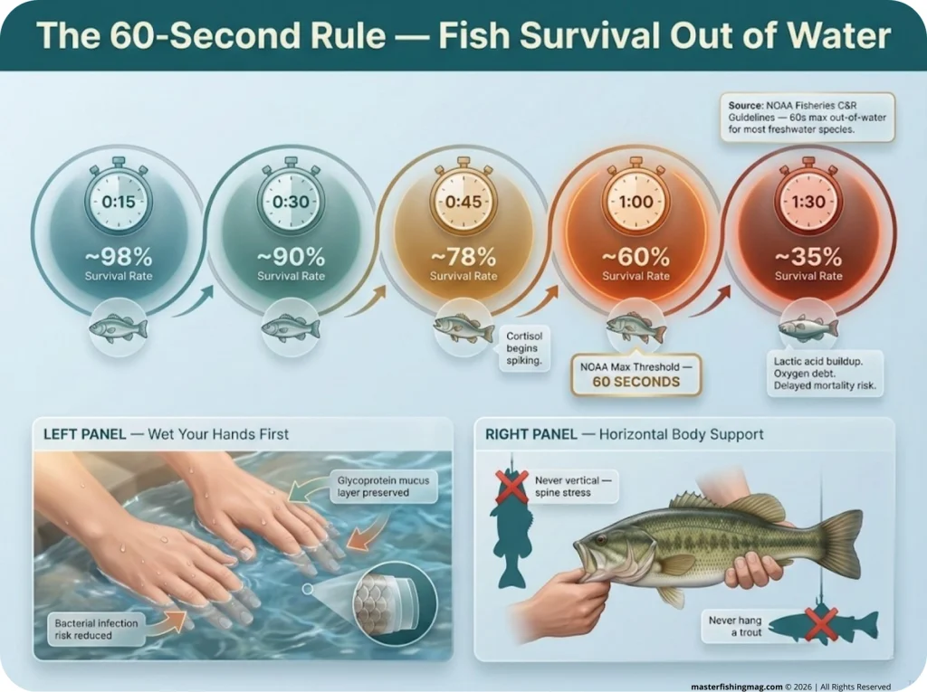 Infographic showing fish survival probability at 15, 30, 45, 60, and 90 seconds out of water, with wet-hands technique and horizontal body-support illustrations for safe catch-and-release.