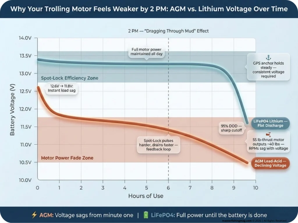 Line graph infographic comparing AGM lead-acid voltage decline versus LiFePO4 flat voltage curve over 10 hours of trolling motor use, with Spot-Lock efficiency zone and motor power fade zone annotated.