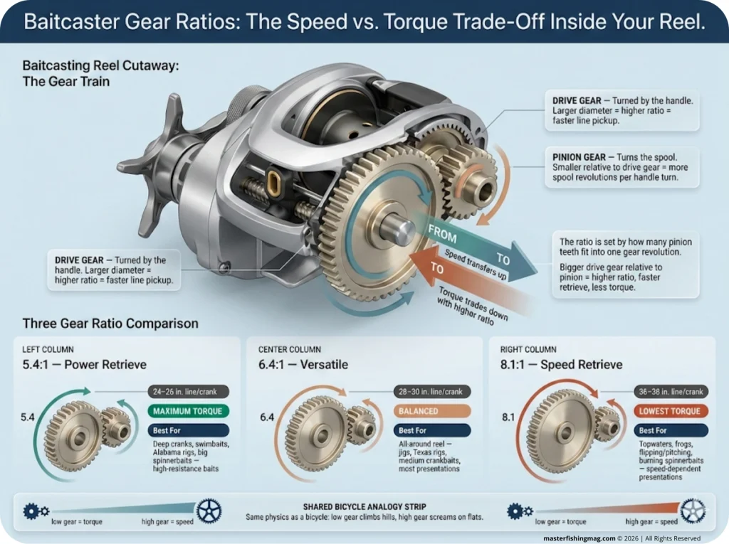 Cutaway diagram of a baitcasting reel internal gear train showing drive gear and pinion gear relationships for 5.4:1, 6.4:1, and 8.1:1 gear ratios with torque versus speed trade-off annotations.