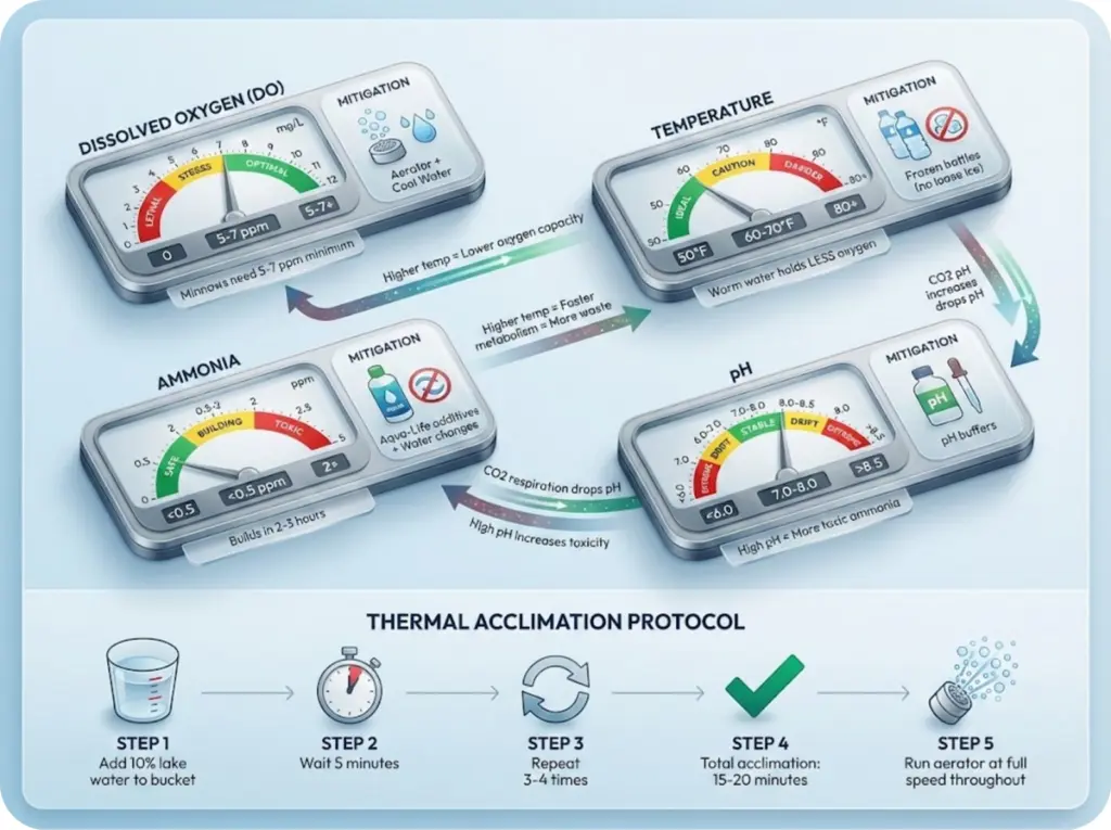 Water chemistry dashboard showing dissolved oxygen, temperature, ammonia, and pH zones with interconnections and mitigation strategies plus thermal acclimation protocol.