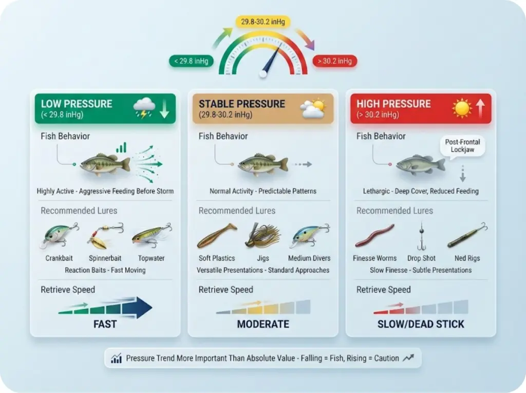 Barometric pressure decision matrix showing three pressure ranges with corresponding fish behavior, recommended lure types, and retrieve speeds.