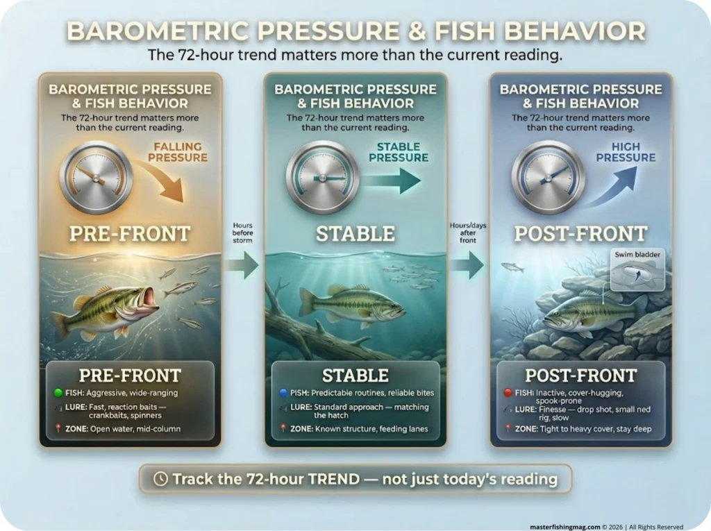 3-panel fishing infographic showing fish behavior across barometric phases: Pre-Front active feeding, Stable predictable routines, and Post-Front tight-cover finesse approach.