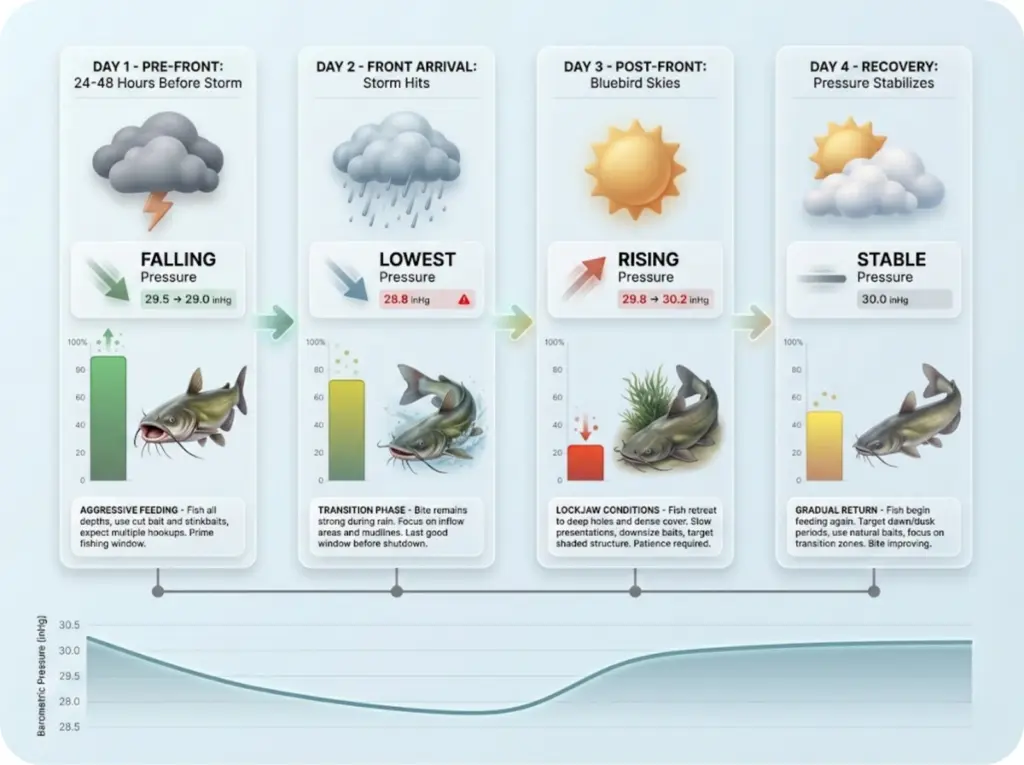 Four-day post-storm timeline showing barometric pressure changes, fish activity levels, and tactical fishing recommendations from pre-front feeding frenzy through post-front recovery.