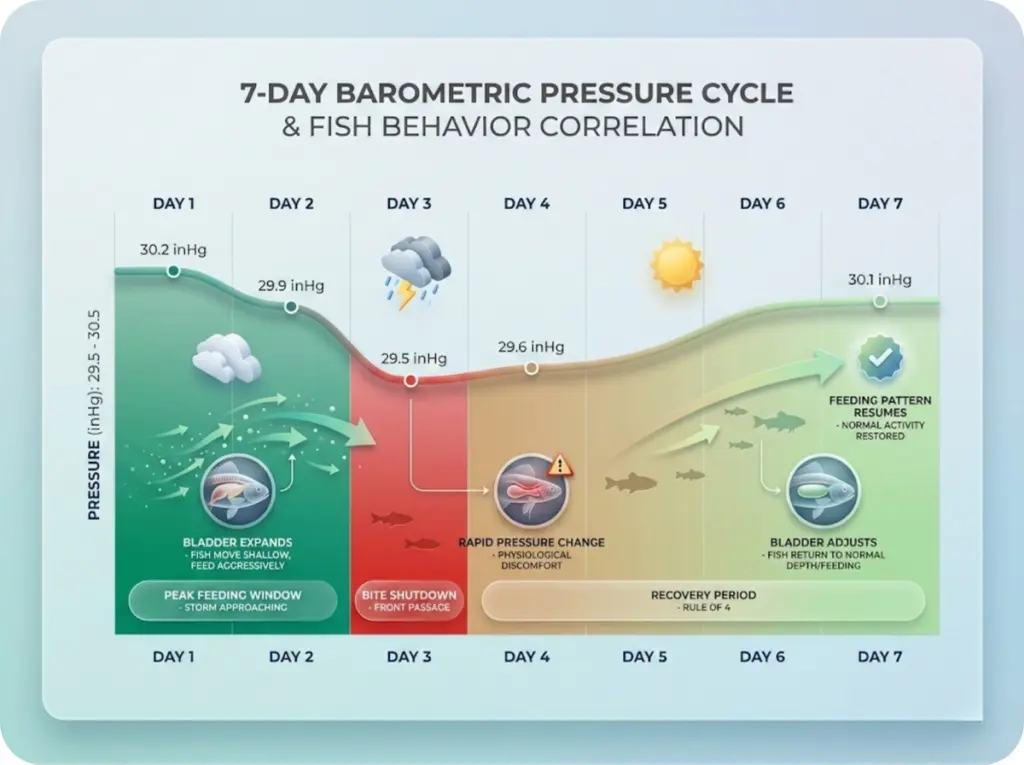 Seven-day barometric pressure timeline showing feeding windows during falling pressure, front passage shutdown, and recovery with swim bladder physiology illustrated.