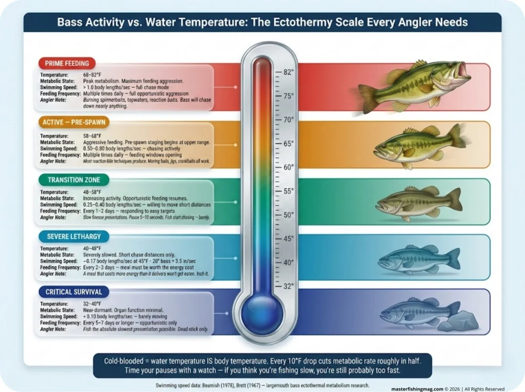 Vertical infographic showing bass activity versus water temperature from 32°F to 82°F with five color-coded metabolic zones from Critical Survival to Prime feeding, swimming speed data points, feeding frequency, and bass silhouettes at each activity level.