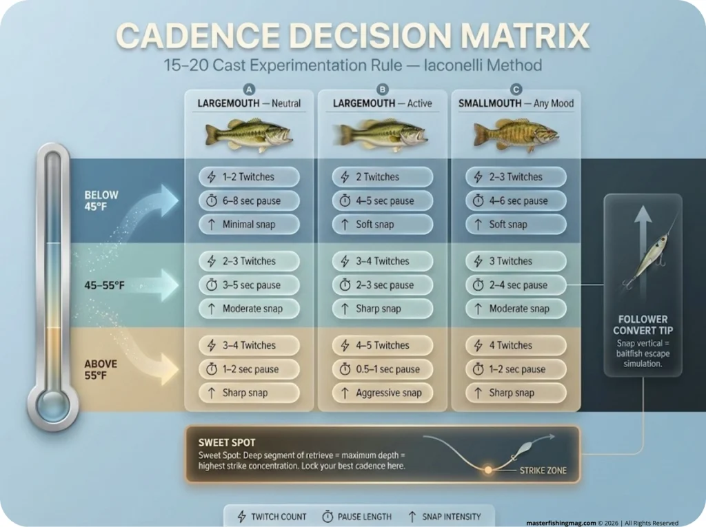 Bass cadence decision matrix infographic showing twitch count, pause length, and snap intensity by water temperature range and bass species mood.