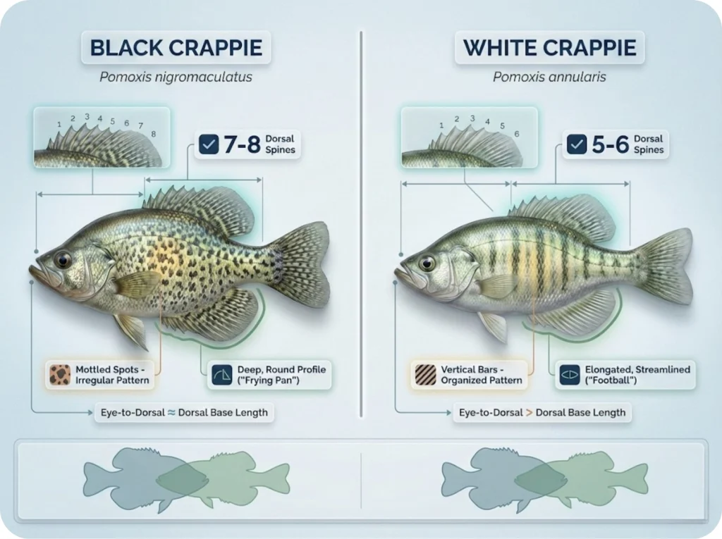Side-by-side anatomy diagram comparing black crappie and white crappie with labeled dorsal spine counts, body markings, shape profiles, and eye-to-dorsal measurements.