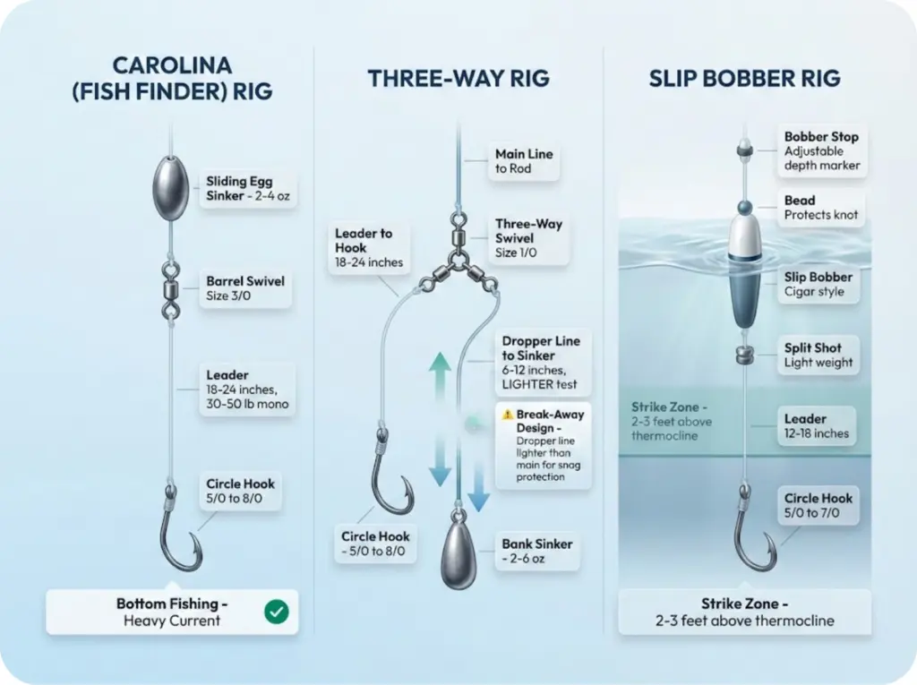 Three blue catfish rig diagrams showing Carolina fish finder rig, three-way rig with break-away sinker, and slip bobber rig with thermocline positioning.