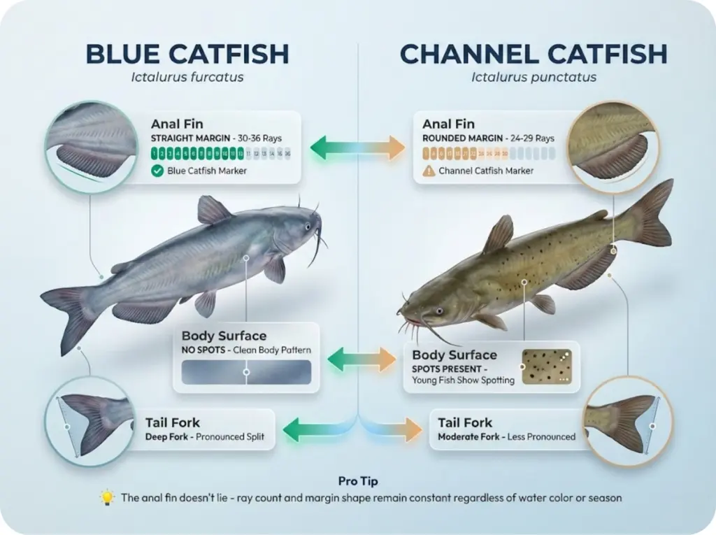 Side-by-side comparison of blue catfish and channel catfish anal fins showing straight vs rounded margins, ray counts, spots, and tail fork differences.