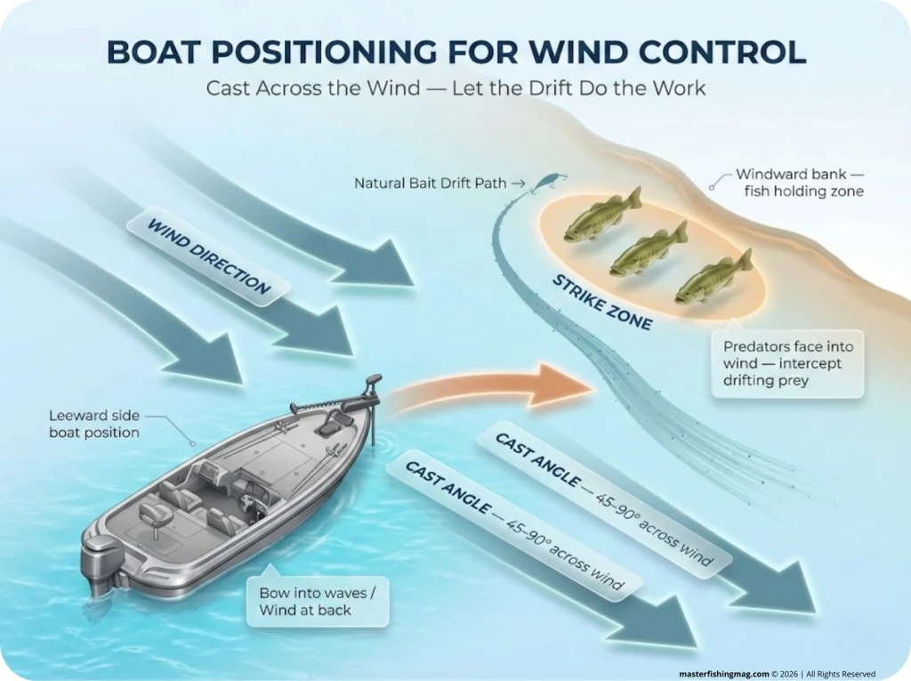 Bird's-eye fishing diagram showing boat positioned with wind at its back, casting angle crossing the wind vector at 45–90 degrees, fish facing into the wind on the windward bank, and arrows tracing the natural bait drift path to the strike zone.