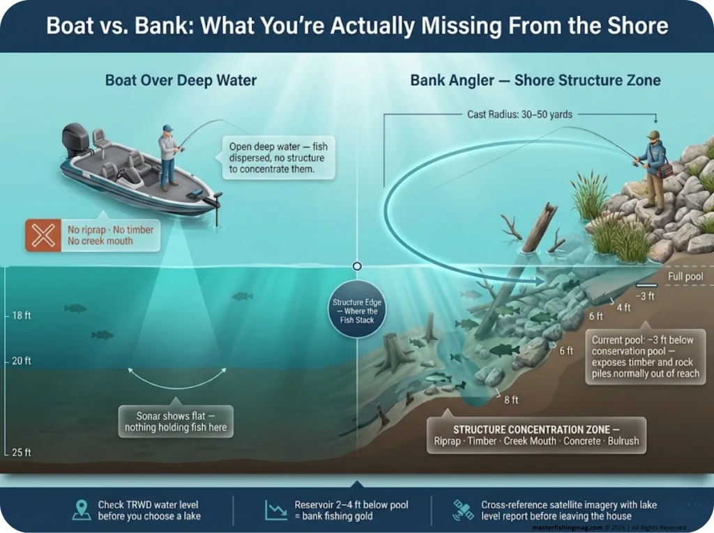 Split reservoir cross-section infographic showing a boat angler over featureless deep water on the left versus a bank angler casting into shallow structure-rich shoreline with concentrated fish icons and castable radius callouts on the right.