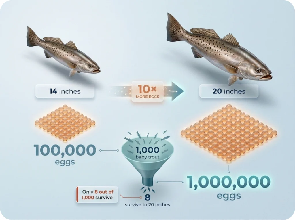 Data visualization comparing egg production between 14-inch and 20-inch speckled trout, showing 10x differential and survival funnel statistics.