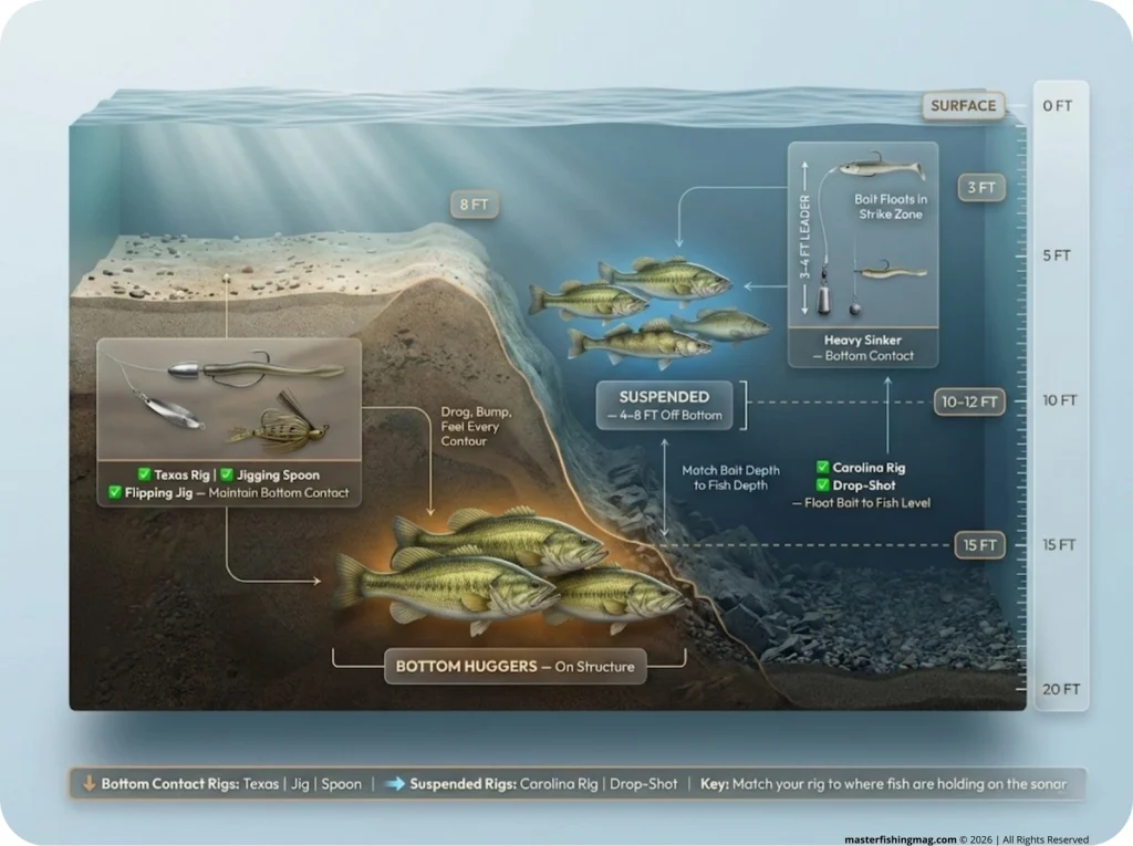 Cross-section infographic of a fishing point showing bottom-hugging fish with Texas rig and jig vs. suspended fish 4–8 ft above with Carolina rig and drop-shot, with depth markings.