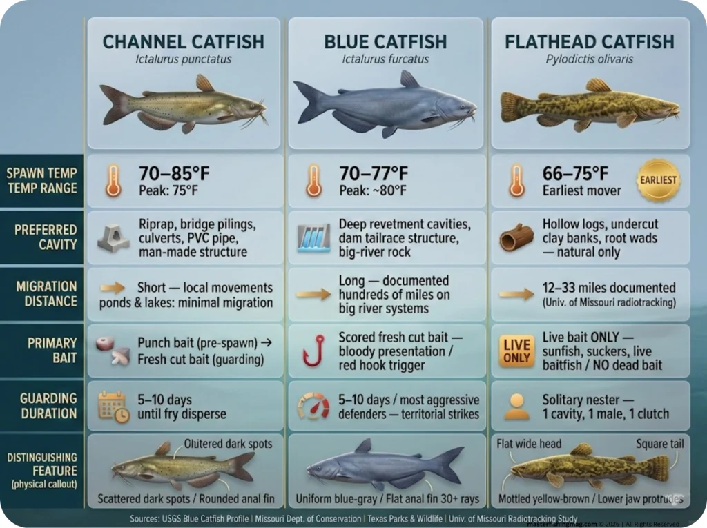 Three-column catfish species comparison infographic showing Channel, Blue, and Flathead spawn temps, cavity type, migration, bait, and physical features with fish silhouettes.