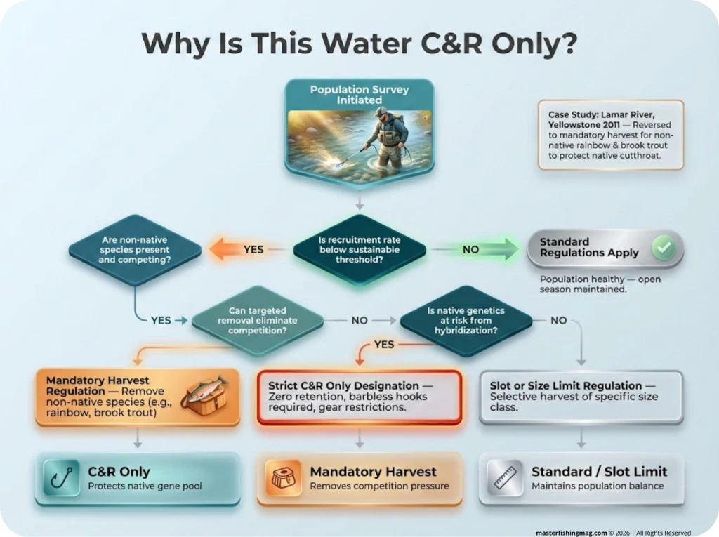 Biologist decision flowchart infographic showing the step-by-step process from fish population survey data to C&R-only or selective harvest designation, with labeled decision nodes and outcome paths.