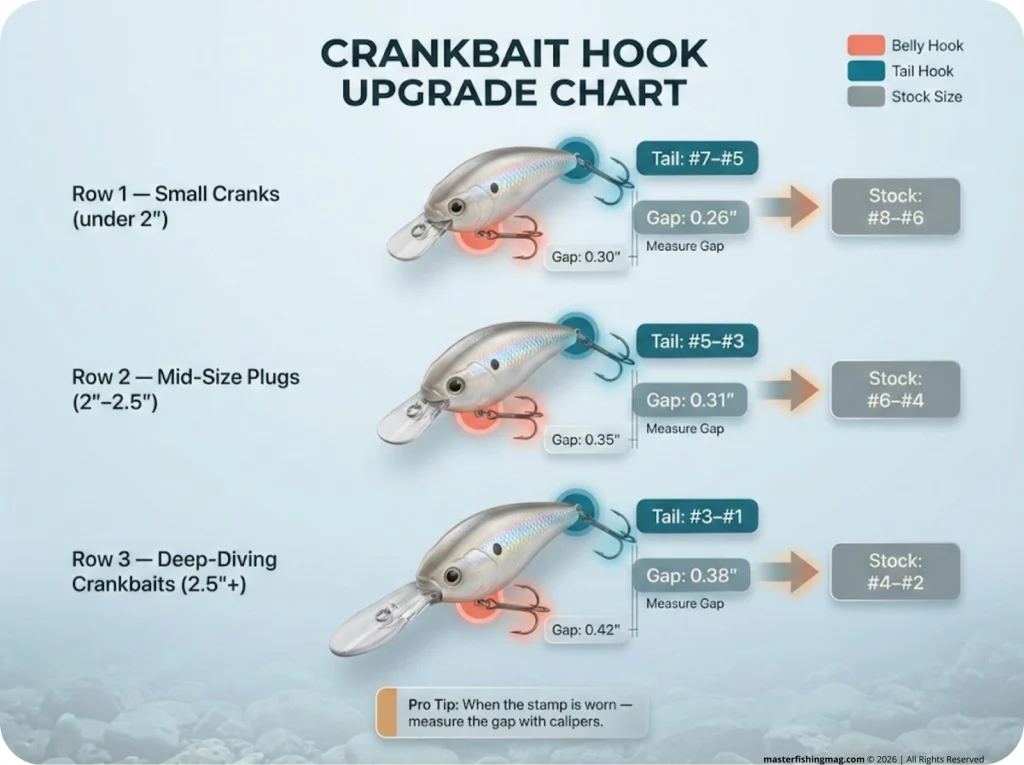 Visual hook size upgrade chart for 3 crankbait classes showing stock vs. upgraded belly and tail hook sizes with color-coded differentiation and gap measurements.
