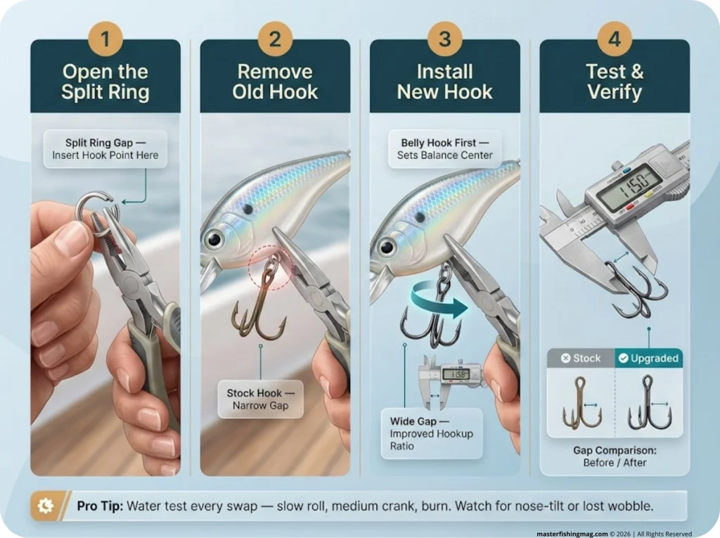 4-step crankbait hook swap infographic: split-ring plier technique, old hook removal, new hook installation, and before/after caliper gap measurement comparison.