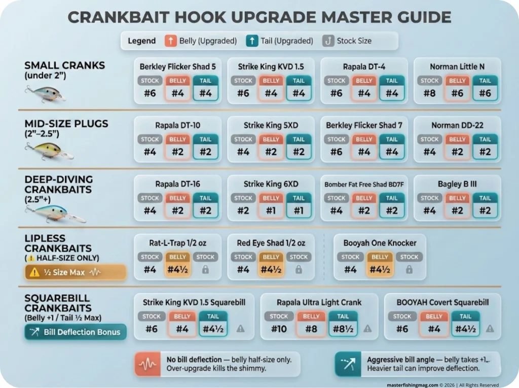 Comparison matrix of 15+ crankbait models organized by class — small, mid-size, deep-diving, lipless, and squarebill — showing stock vs. upgraded belly and tail hook sizes.