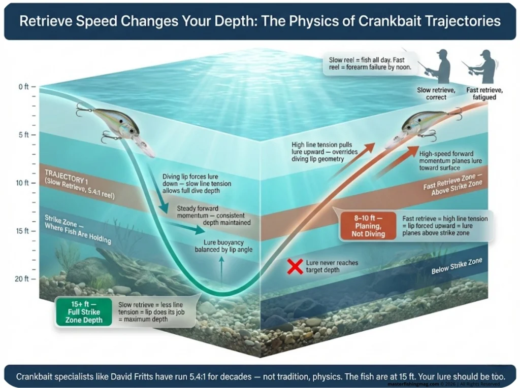 Water column cross-section infographic showing a slow retrieve crankbait diving to 15 feet versus a fast retrieve crankbait planing at 8 to 10 feet, with annotated hydrodynamic force vectors and depth zone labels.