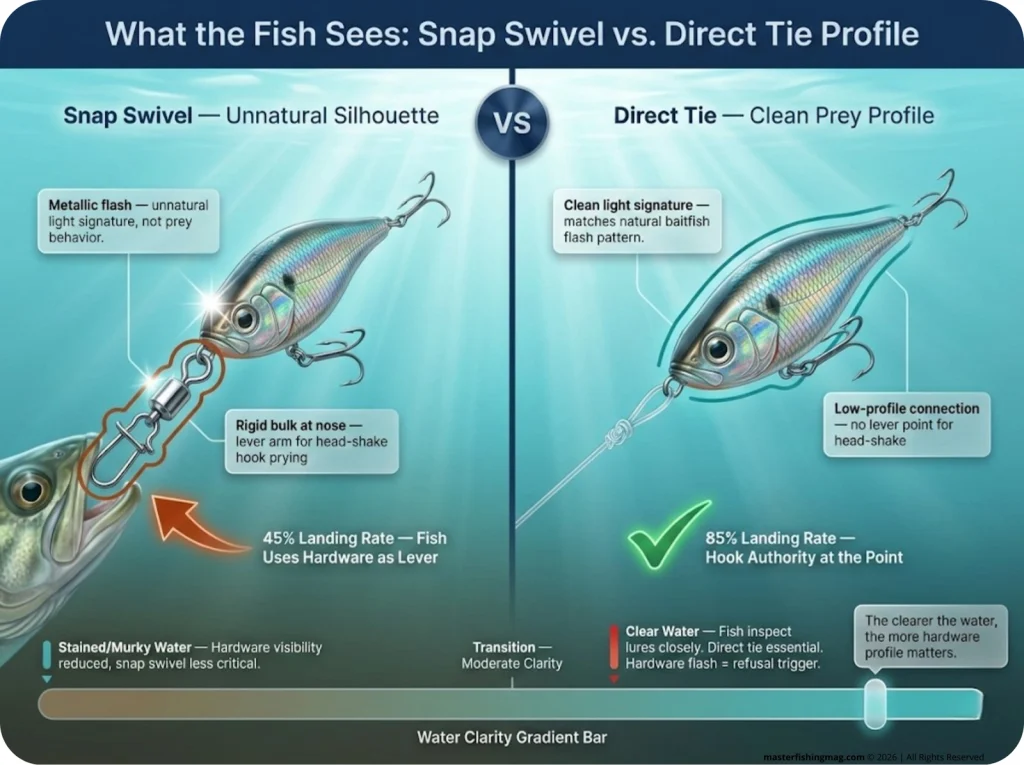 Split underwater infographic showing a crankbait from a fish's perspective — left side with snap swivel showing metallic flash and unnatural silhouette, right side with direct tie showing clean prey profile, plus water clarity gradient bar.